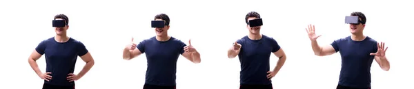Young handsome man wearing virtual reality VR glasses isolated o — Stock Photo, Image