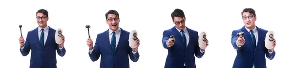Адвокат с молотком и денежным мешком денег плохо изолированы на белом — стоковое фото