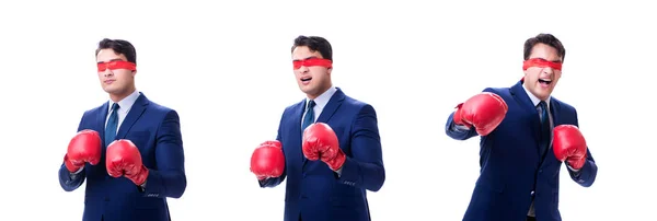 Anwalt mit Augenbinde trägt Boxhandschuhe auf weißem Untergrund — Stockfoto