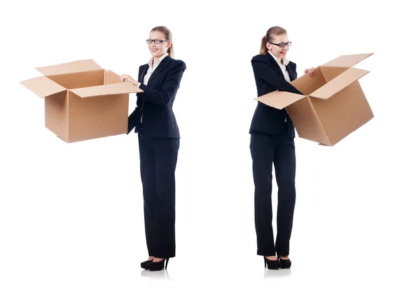 Femme d'affaires avec des boîtes sur blanc — Photo