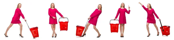 Mulher com carrinho de compras isolado no branco — Fotografia de Stock