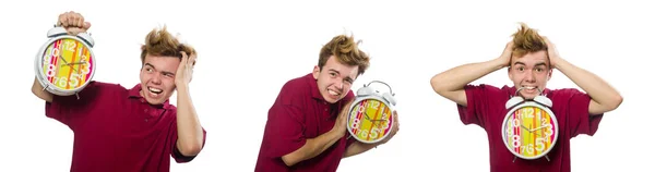 알람 시계 흰색 절연을 유지 하는 학생 — 스톡 사진