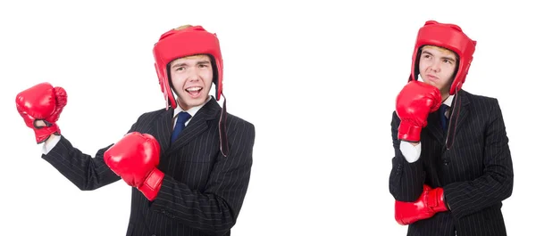 Young employee with boxing gloves isolated on white — Stock Photo, Image