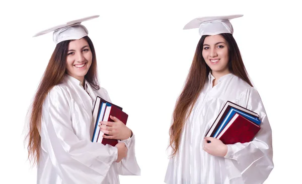 Mujer graduada aislada en blanco —  Fotos de Stock