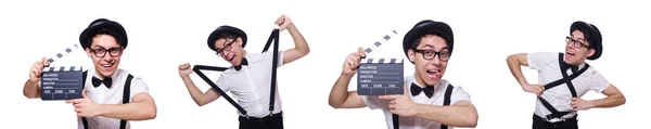 Grappige mens met film board — Stockfoto