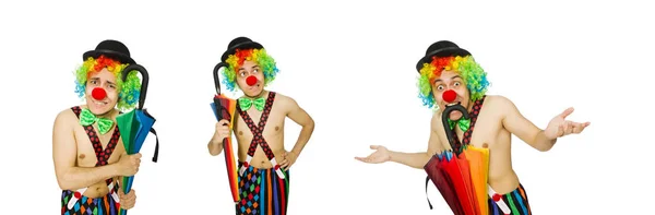 Clown met paraplu geïsoleerd op wit — Stockfoto