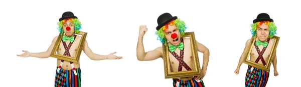 Clown met fotolijst geïsoleerd op wit — Stockfoto