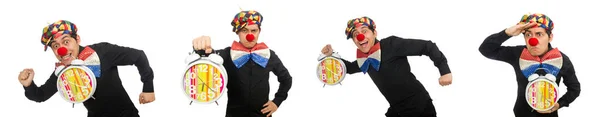Zabawny Clown Zegarem Białym Tle — Zdjęcie stockowe