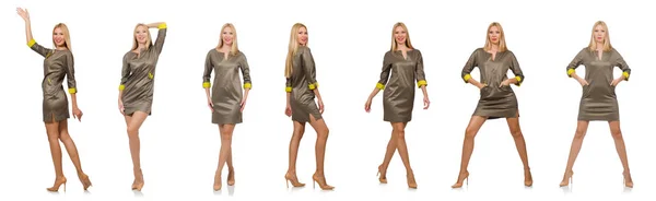 Blondie i grå satin klänning isolerad på vit — Stockfoto