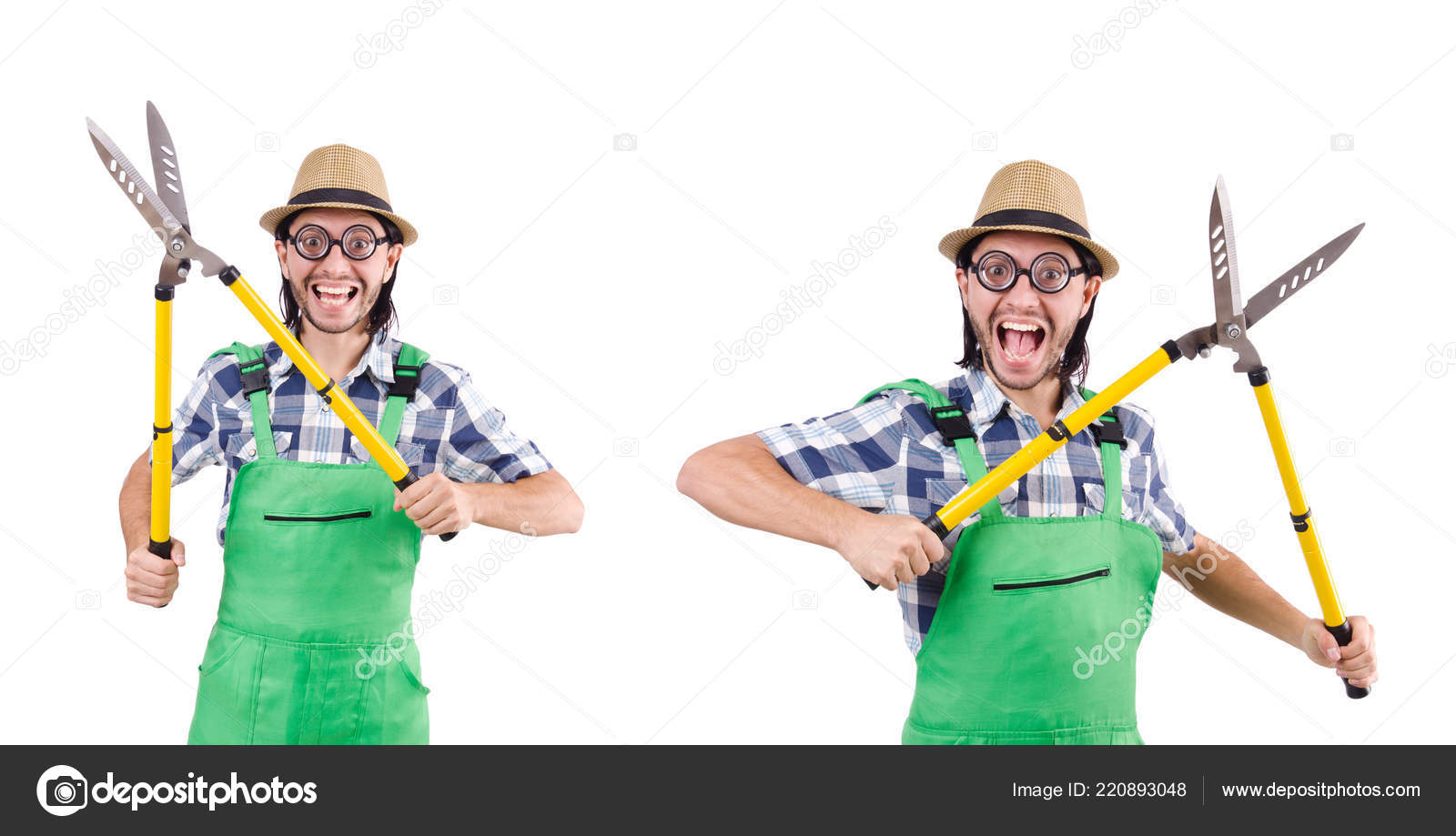 Funny gardener with shears isolated on white — Stock Photo © Elnur_  #220893048, image size:1600x919