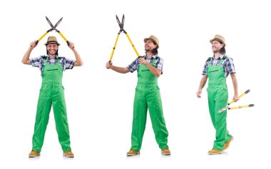 Beyaz izole makası ile komik adam