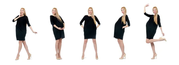 Velmi těhotná žena v černých mini šatech izolovaných na bílém — Stock fotografie