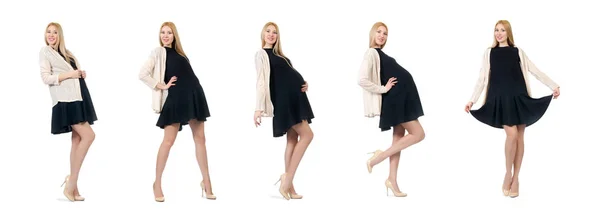 Beyaz izole mini siyah elbiseli güzel hamile kadın — Stok fotoğraf