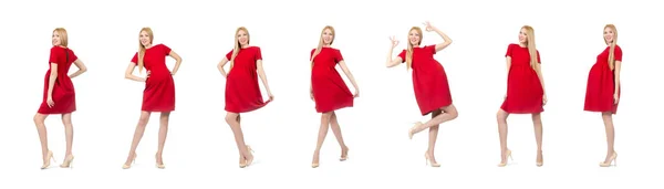 Ganska gravid kvinna i röd klänning isolerad på vit — Stockfoto
