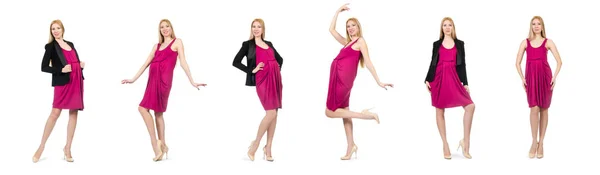 Pretty pregnant woman in pink dress isolated on white — Stock Photo, Image