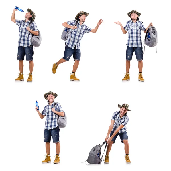 Young traveler with rucksack isolated on white — Stock Photo, Image