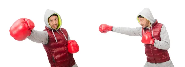 Uomo che indossa guanti da boxe isolati su bianco — Foto Stock