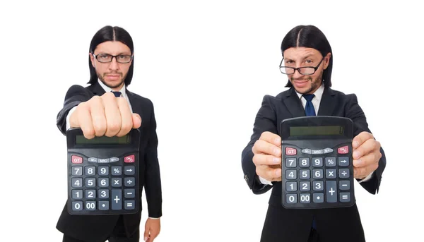 Man met rekenmachine geïsoleerd op wit — Stockfoto