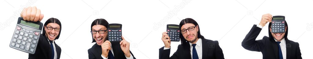 Man with calculator isolated on white