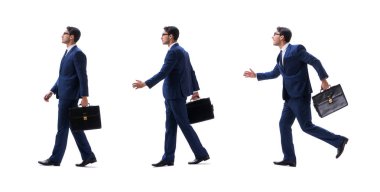 İşadamı yürüme ayakta yan görüntülemek izole üzerinde beyaz backgro