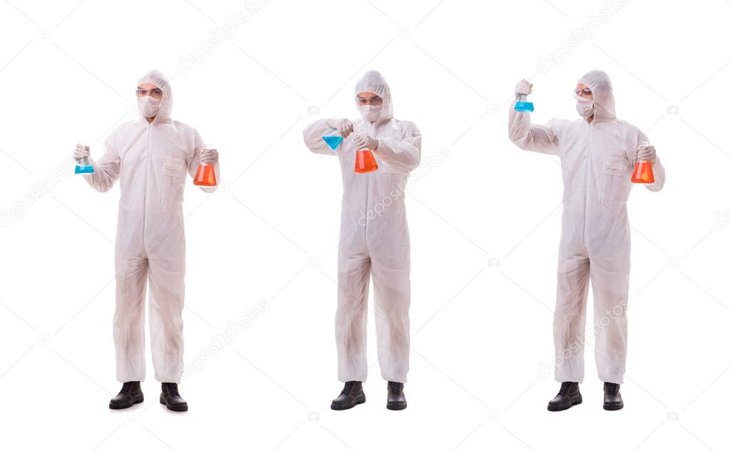 Chemist working with poisonous substances isolated on white back