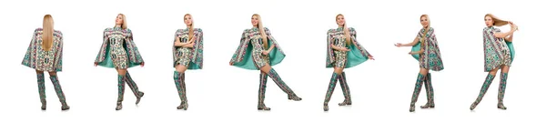 옷차림을 하고 있는 화이트 모델에 고립 된 패션 컨셉의 여자 — 스톡 사진