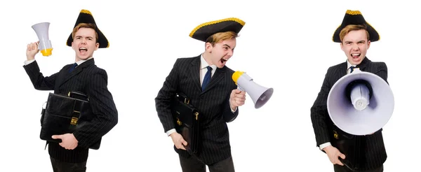 Joven disfrazado con sombrero pirata y megáfono aislado en w — Foto de Stock