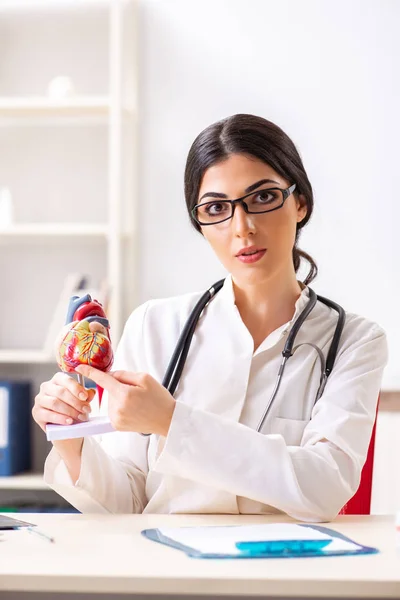 Donna medico mostrando modello di cuore agli studenti — Foto Stock