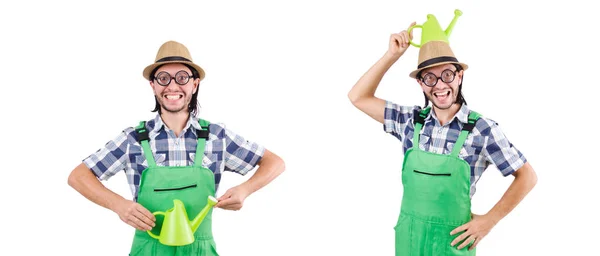 Young cheerful gardener with watering can isolated on white — Stock Photo, Image