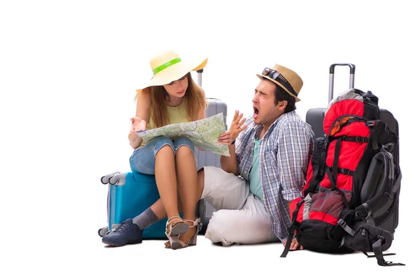 Young family preparing for vacation travel on white — Stock Photo, Image