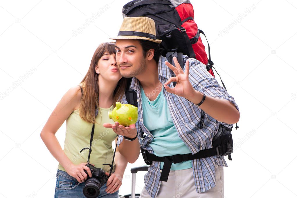 Young family preparing for vacation travel on white