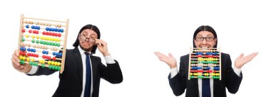 Hesap makinesi ve abaküsü olan komik bir adam.