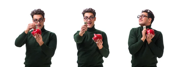 Jovem nerd com mealheiro isolado em branco — Fotografia de Stock