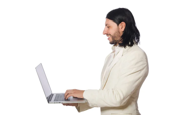 Joven con portátil aislado en blanco —  Fotos de Stock