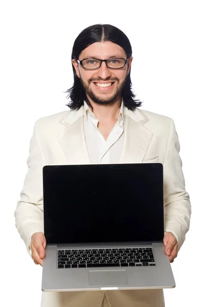 Mladý muž s notebookem izolované na bílém — Stock fotografie