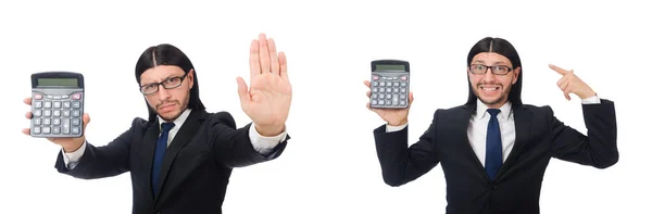 Homem com calculadora isolada em branco — Fotografia de Stock