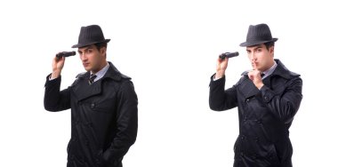 Beyaz arkaplanda izole edilmiş dürbünlü casus