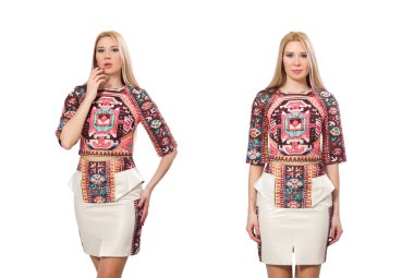 Beyaz üzerinde halı izi olan güzel bir manken.