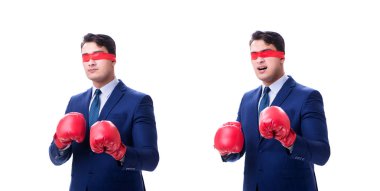 Avukat boks eldiven üzerinde beyaz izole göz bağı ile