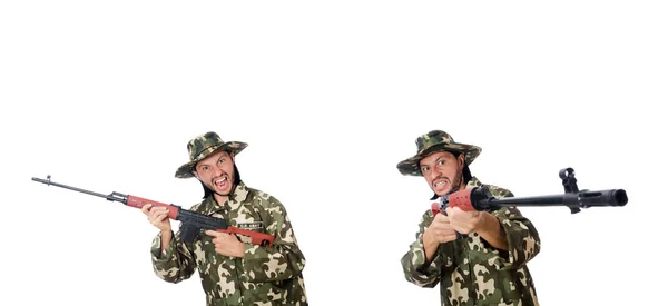 Soldado com armas isoladas em branco — Fotografia de Stock