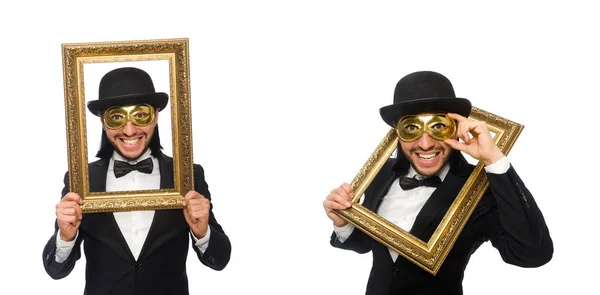 Homme drôle avec cadre photo sur blanc — Photo