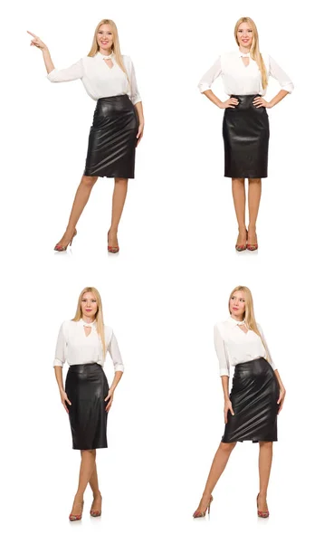 Pretty woman in leather skirt isolated on white — Stock Photo, Image