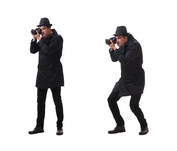 Spy s fotoaparátem fotografování izolované na bílém — Stock fotografie