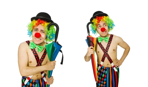 Clown con ombrello isolato su bianco — Foto Stock