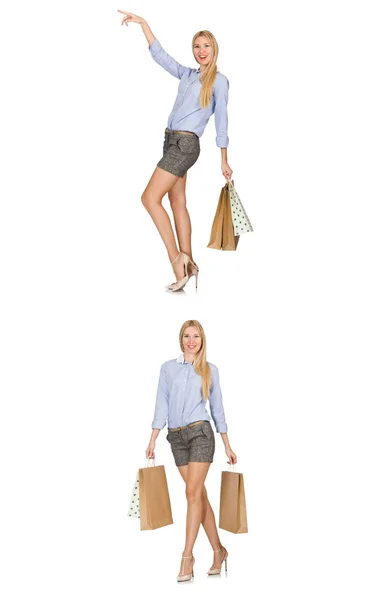 Woman with shopping bags isolated on white — Stock Photo, Image