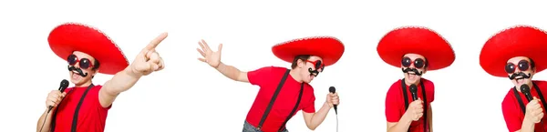 Mexicano engraçado com microfone isolado no branco — Fotografia de Stock