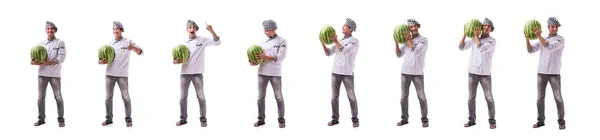 Young male cook with watermelon isolated on white — Stock Photo, Image