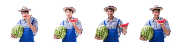 Jovem agricultor com melancia isolada em branco — Fotografia de Stock