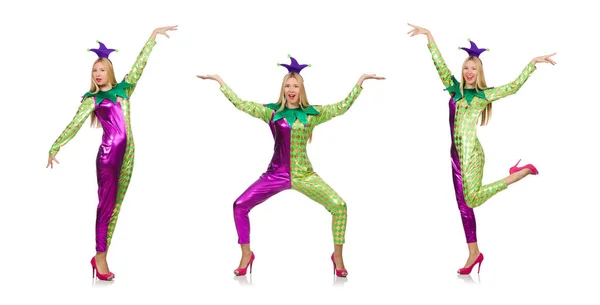 Woman wearing clown costume isolated on white — Stock Photo, Image