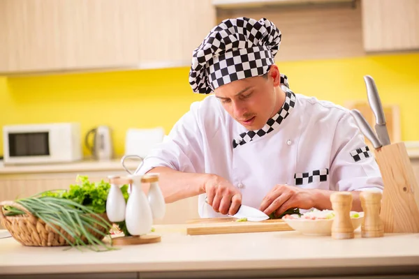 Young professional cook preparing salad at kitchen — Stock Photo, Image